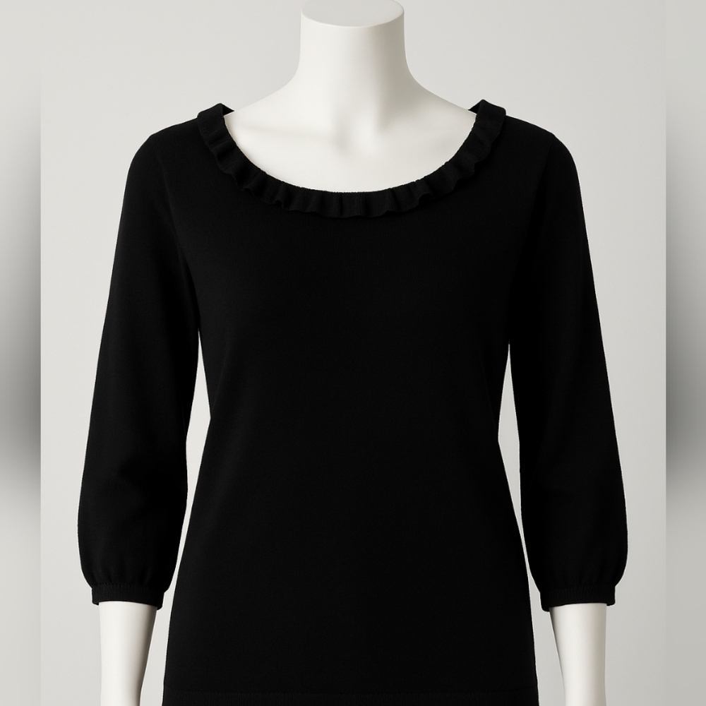 Talbots Classic Black Crew Neck Sweater Subtle Ruffle Neckline Size Medium